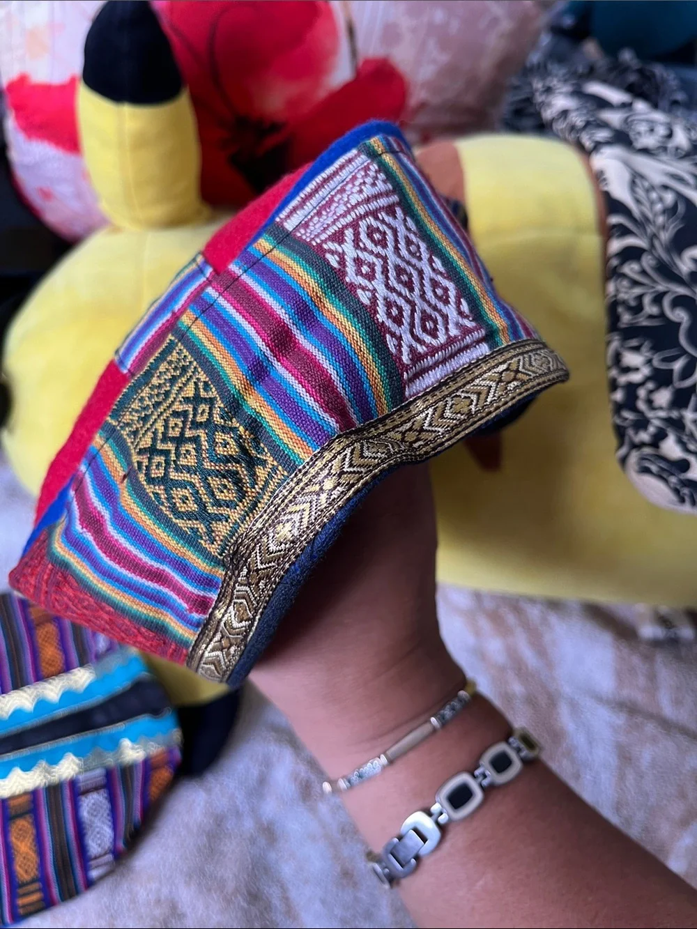 Men's Red Ethnic-Patterned Cap with Multicolor Trim